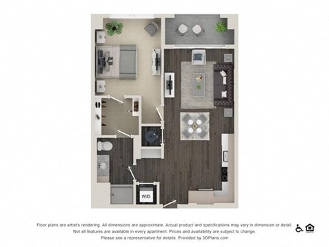 Floor plan for 1 bed, 1 bath, 731 sqft